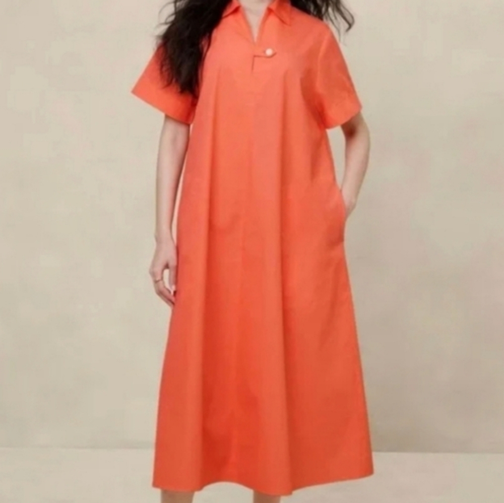 Cotton Poplin Tab Dress Coral